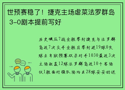 世预赛稳了！捷克主场虐菜法罗群岛 3-0剧本提前写好