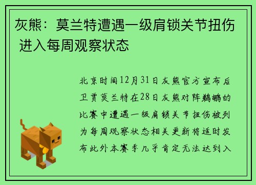 灰熊：莫兰特遭遇一级肩锁关节扭伤 进入每周观察状态