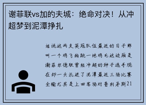 谢菲联vs加的夫城：绝命对决！从冲超梦到泥潭挣扎
